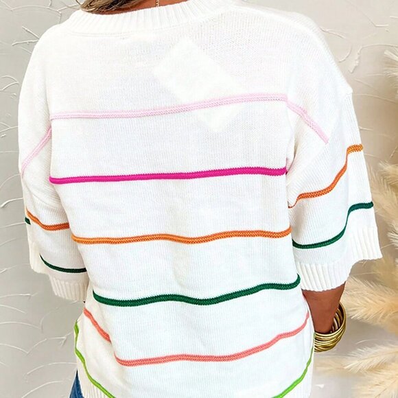 Multicolor Casual Women's Stripe Pattern Batwing 3/4 Sleeve Loose Sweater - Picture 2 of 9